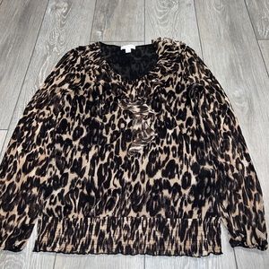 Charter Club Leopard Print Blouse Size M Brown/black Ruffle Detail Long Sleeve